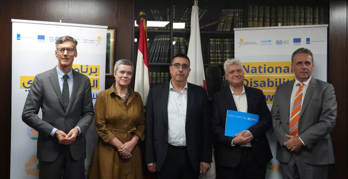 (Left to right) Netherlands Ambassador Frank Mollen, EU Ambassador Sandra De Waele, Minister of Social Affairs Dr. Hector Hajjar, UNICEF Representative Edouard Beigbeder, ILO Deputy Regional Director for Arab States Peter Rademaker